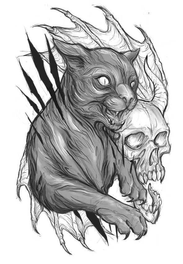 Black Cat and Horned Skull